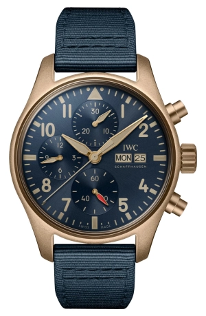 IWC Pilot's Automatic Chronograph Bronze Blue Dial Blue Textile Strap Day/Date Mens Watch IW388109