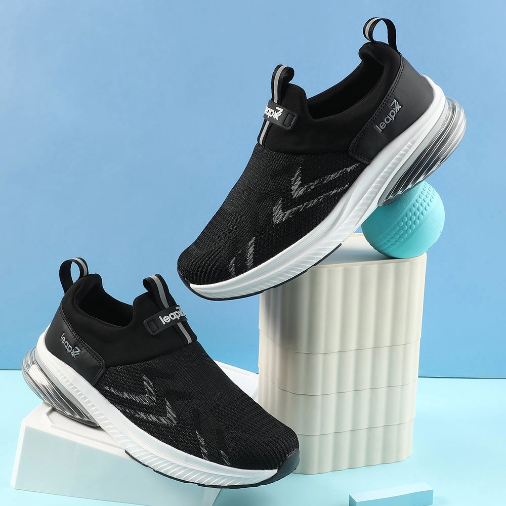 Leap7x Black Sports Non Lacing Walking Shoes For Men BRISK-24 By Liberty