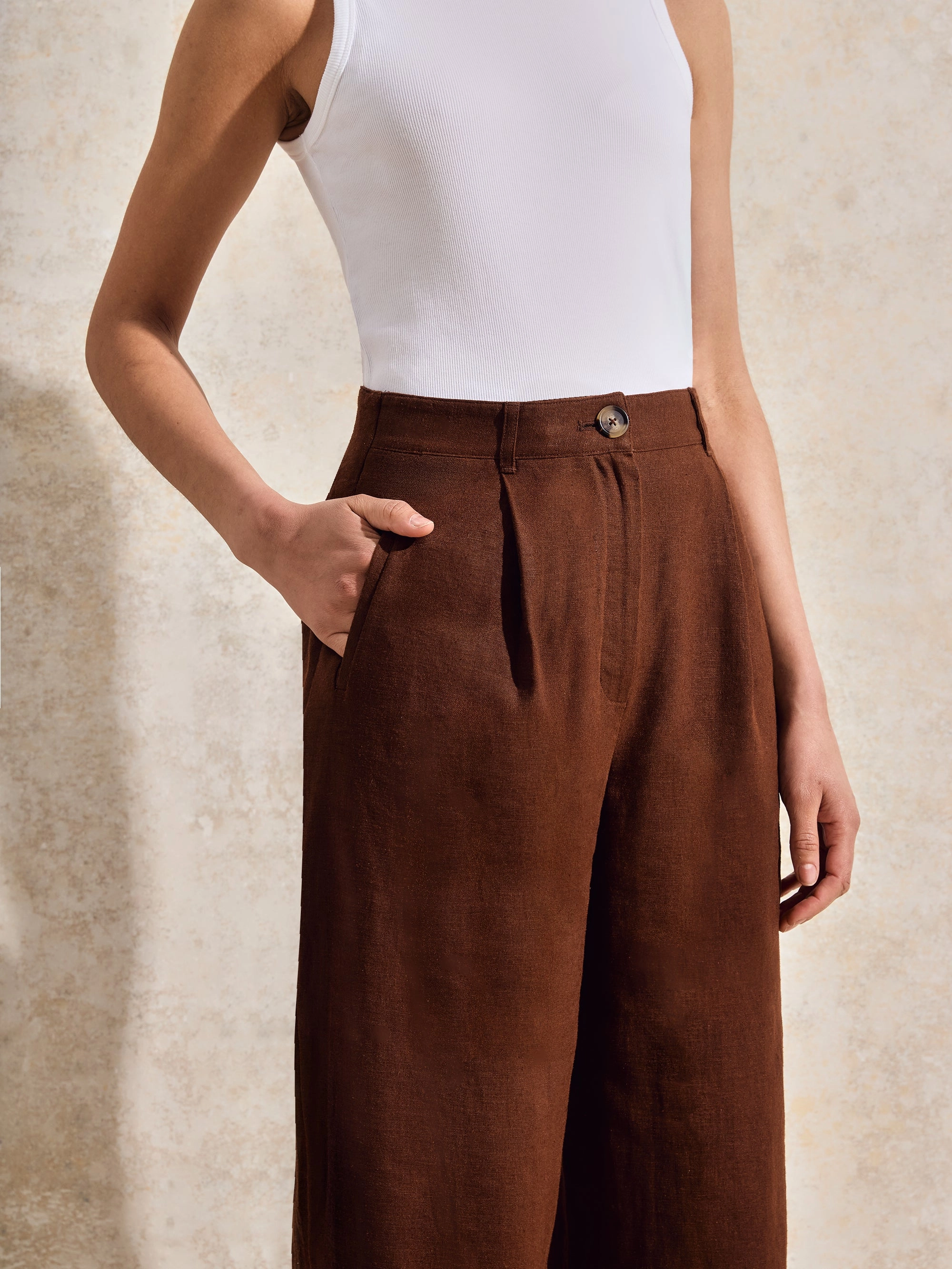Petite Chocolate Linen-Blend Trousers