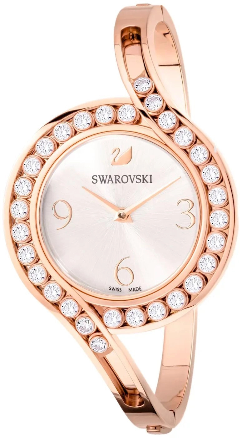 SWAROVSKI Crystal Authentic Lovely Crystals Bangle Watch, Metal Strap, Rose Gold Tone - High Class Stone Studded Swiss Made Timepiece Jewelry and Everyday Accessory for Women