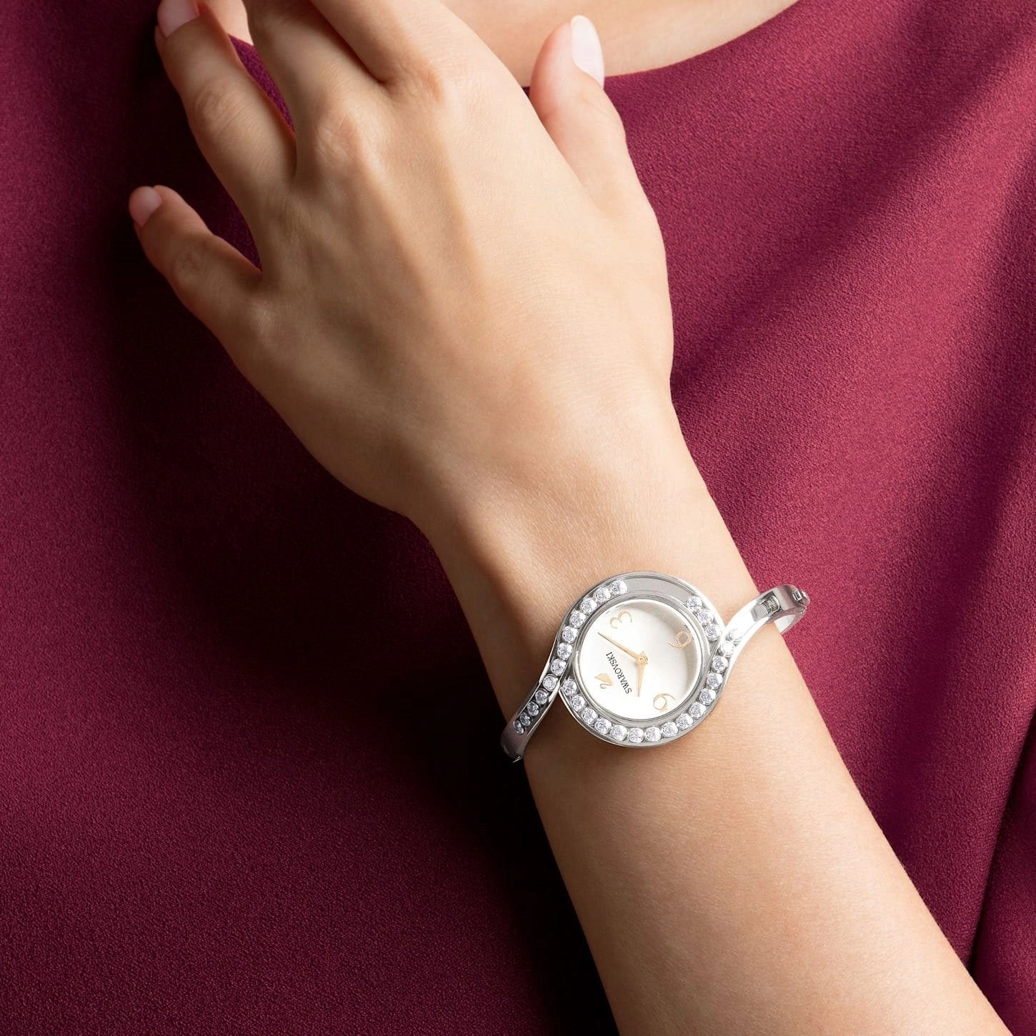 SWAROVSKI Crystal Authentic Lovely Crystals Bangle Watch, Metal Strap, Silver Tone - High Class Stone Studded Swiss Made Timepiece Jewelry and Everyday Accessory for Women