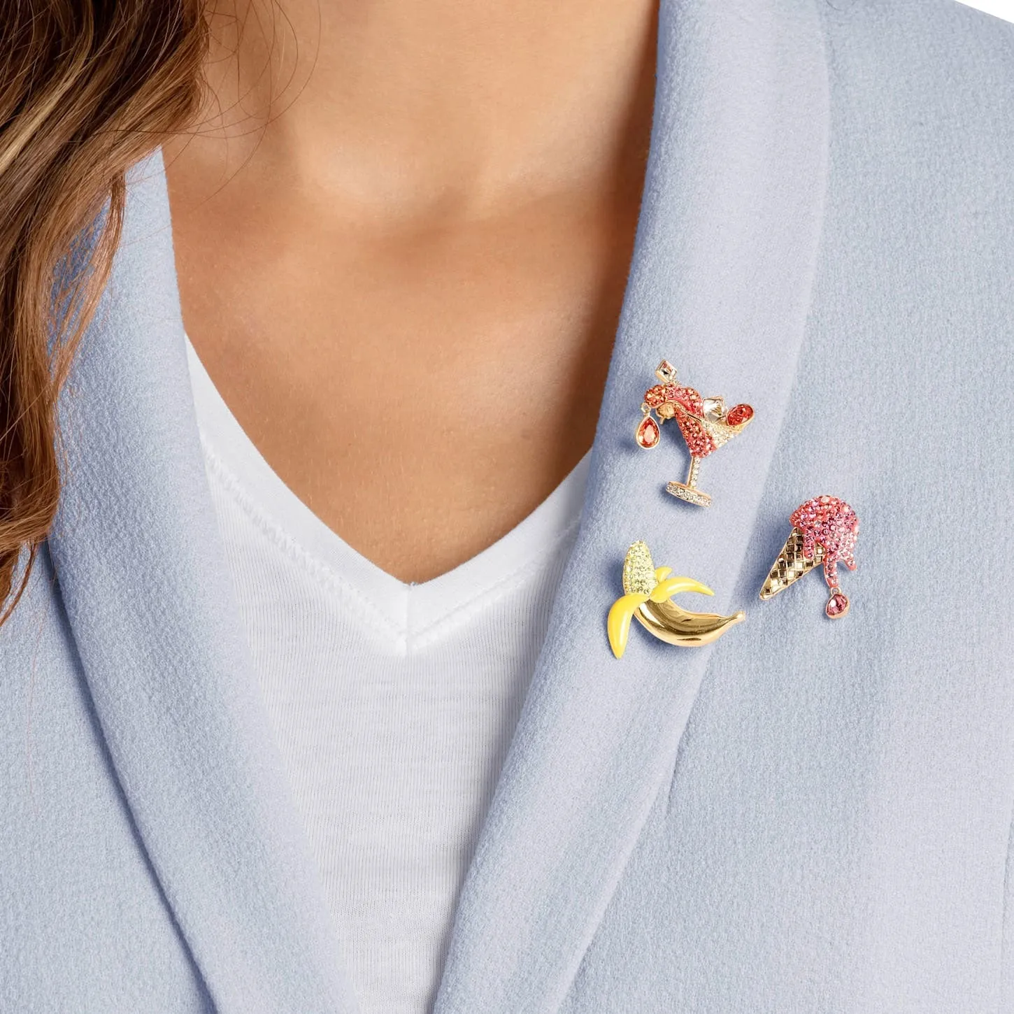 Swarovski No Regrets Brooch 3 Piece Set Cocktail Ice Cream Banana Gold-tone Plated 5468254