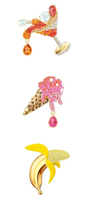 Swarovski No Regrets Brooch 3 Piece Set Cocktail Ice Cream Banana Gold-tone Plated 5468254
