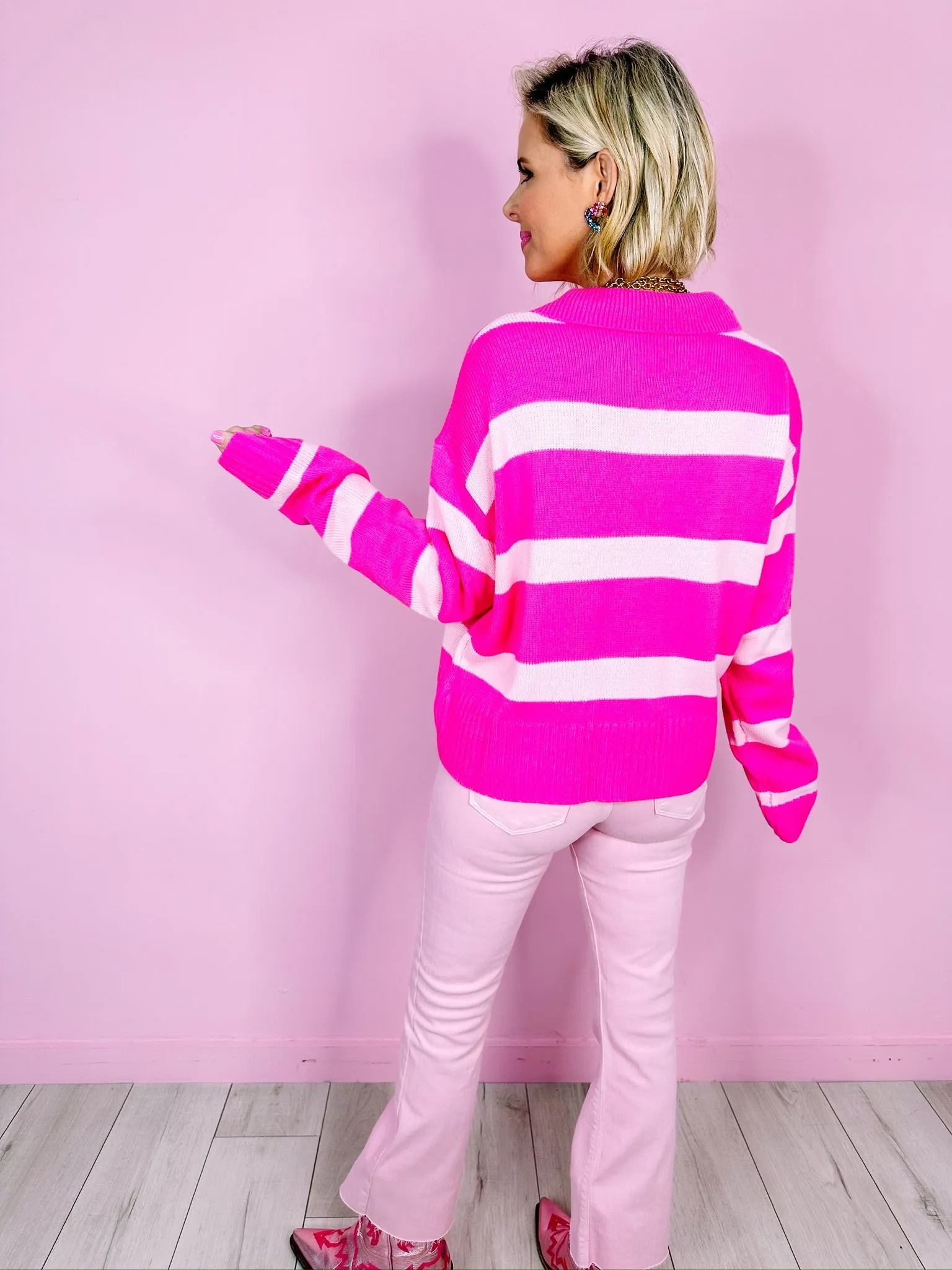 THINK PINK STRIPE COLLAR SWEATER