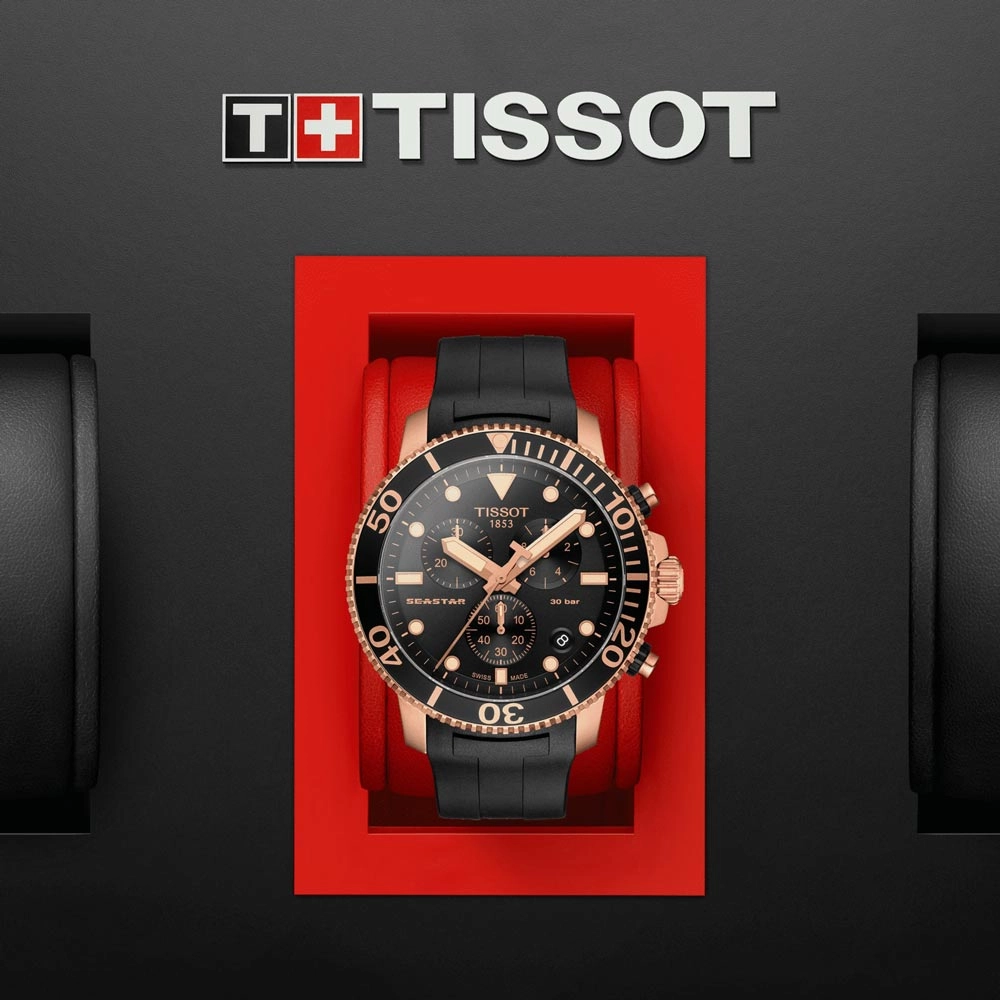 Tissot Seastar 1000 Chronograph 45.5mm Black Dial Rose Gold PVD Steel Gents Quartz Watch T1204173705100