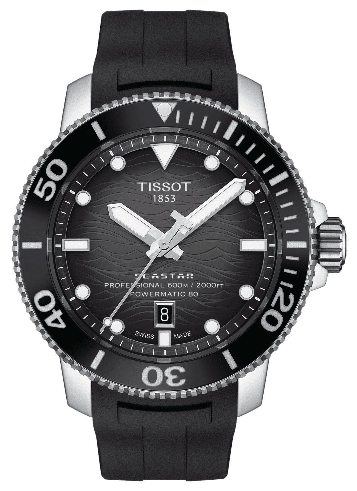 Tissot T-Sport Seastar 2000 Professional Powermatic 80 Automatic Gray Dial Black Rubber Strap Date Divers Mens Watch T120.607.17.441.00