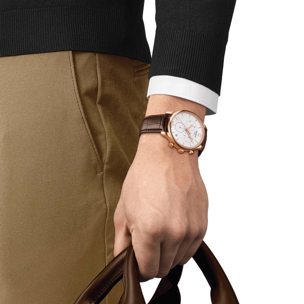 Tissot Tradition Chronograph 42mm Silver Dial Rose Gold PVD Steel Gents Quartz Watch T0636173603700