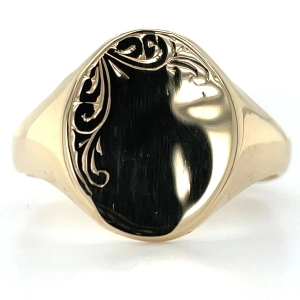 Vintage 9ct Yellow Gold Engraved Oval Signet Ring