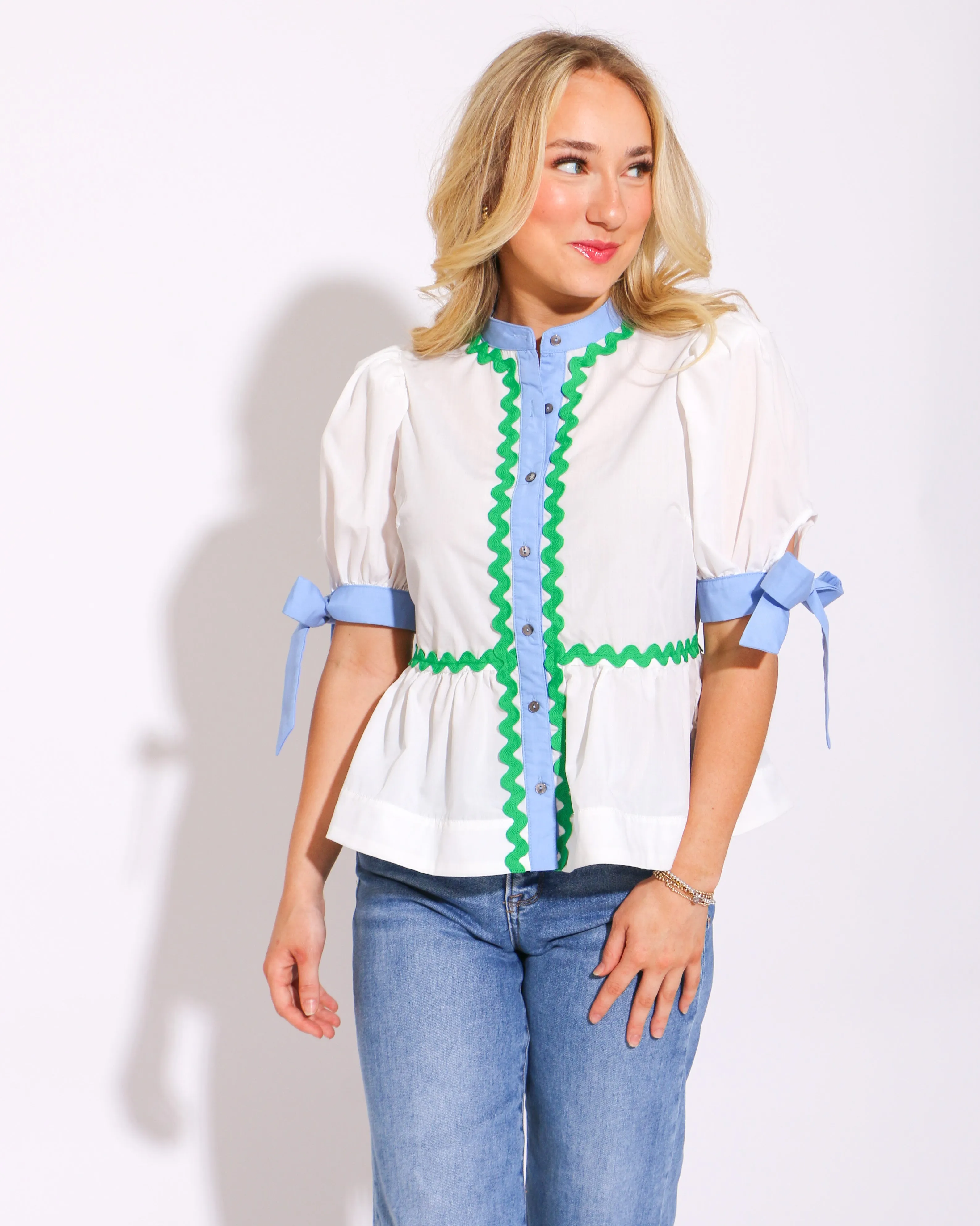 White Button Up with Ricrac Detail Top