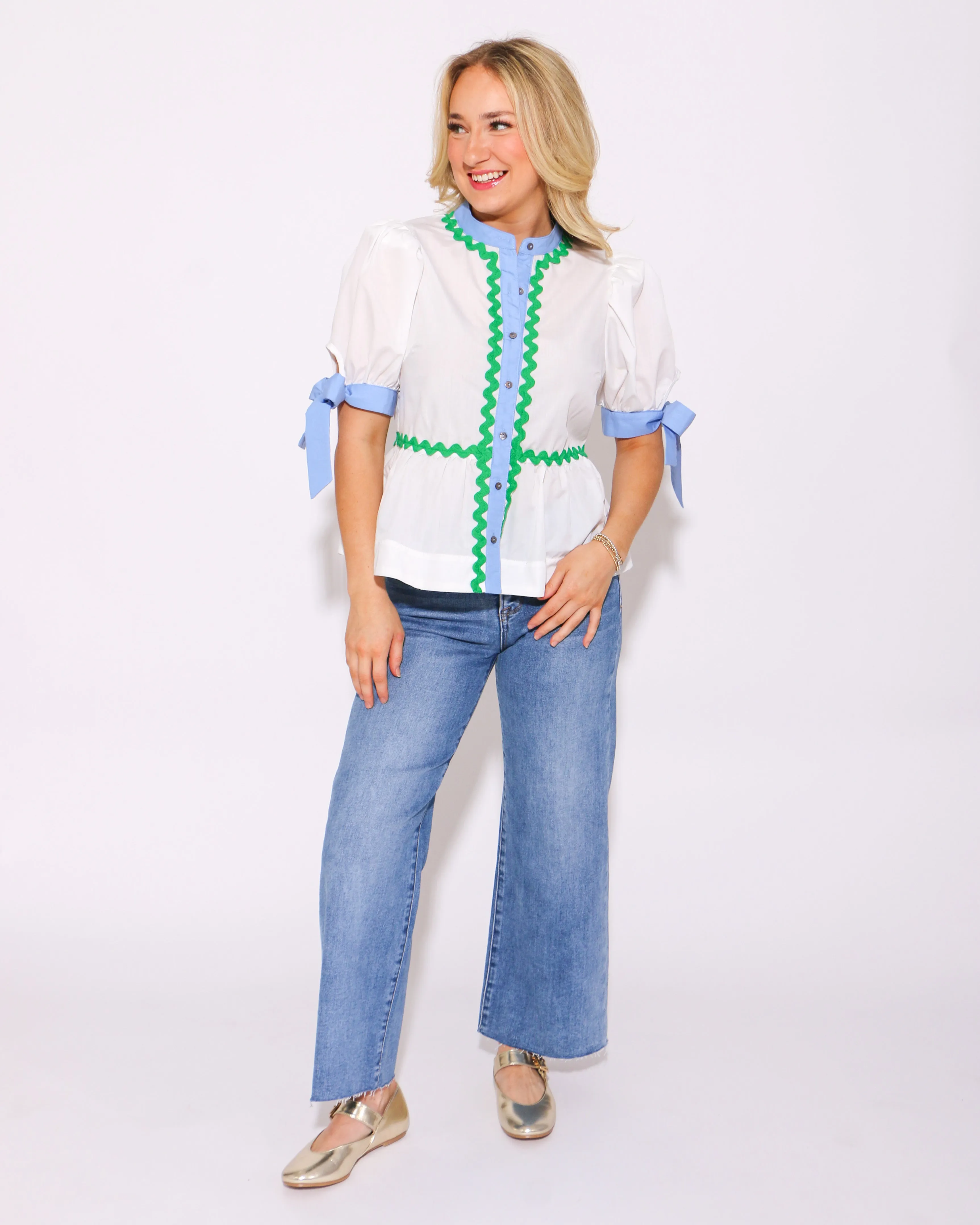 White Button Up with Ricrac Detail Top