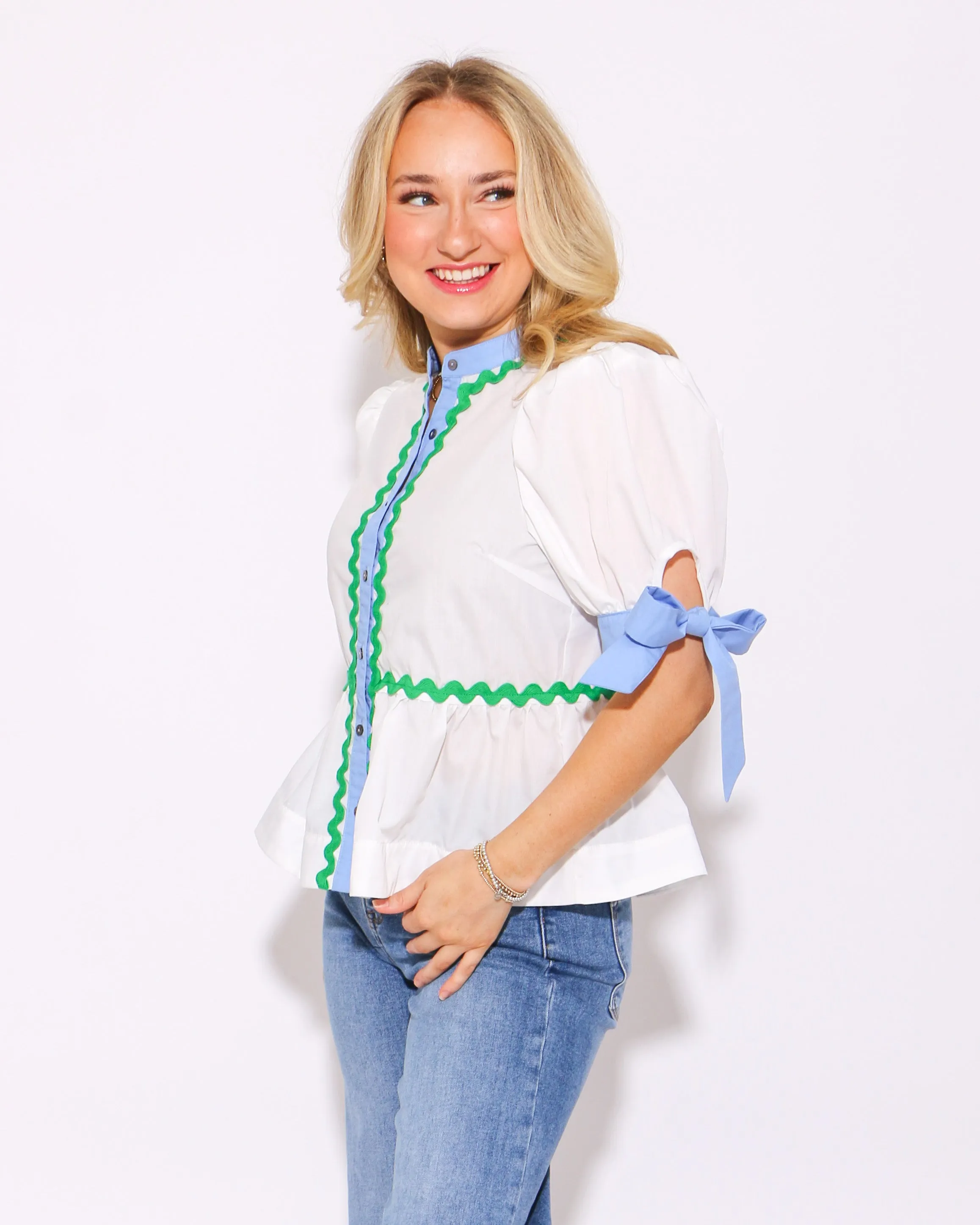 White Button Up with Ricrac Detail Top