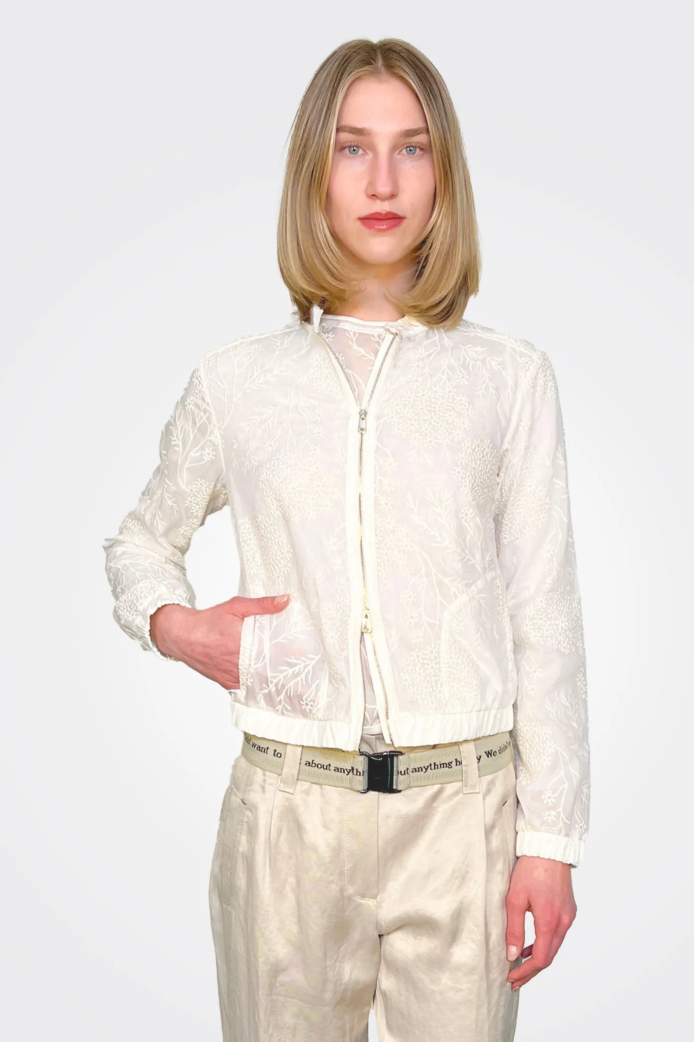 Zipup Collarless Jacket - Light Cream